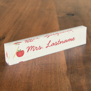 Red Cartoon Apple And Yellow Pencil & Custom Name Nameplate