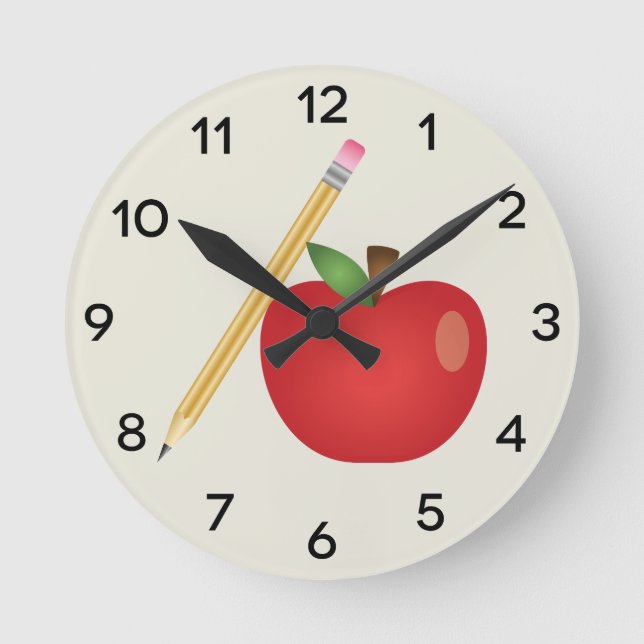 Red Cartoon Apple And Yellow Pencil Round Clock (Front)