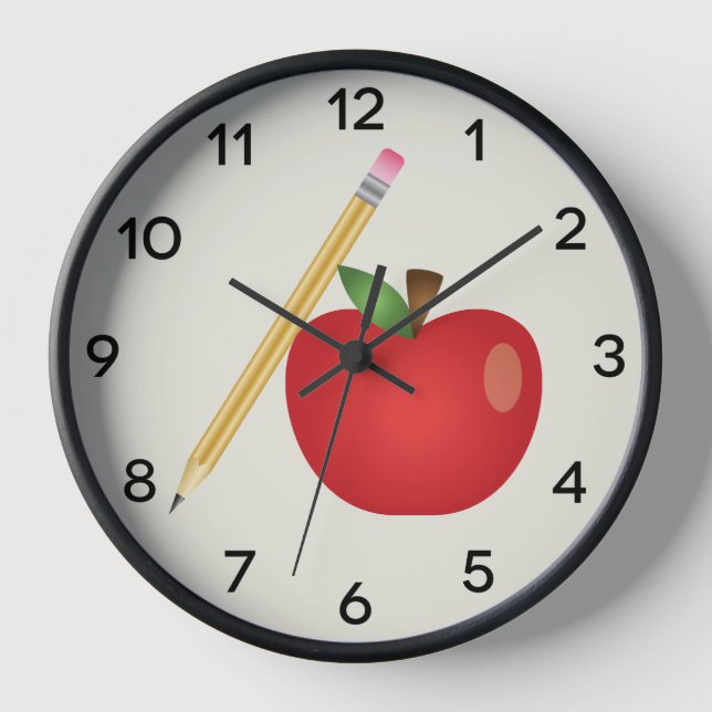 Red Cartoon Apple And Yellow Pencil Wall Clock (Front)