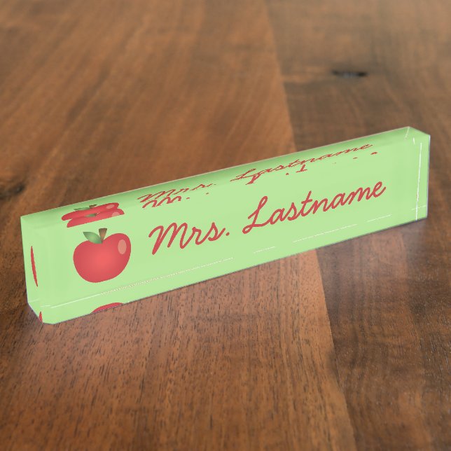 Red Cartoon Apple On Green With Custom Name Nameplate (Side)