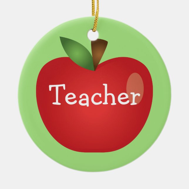 Red Cartoon Apple On Green With Text Teacher Ceramic Ornament (Front)