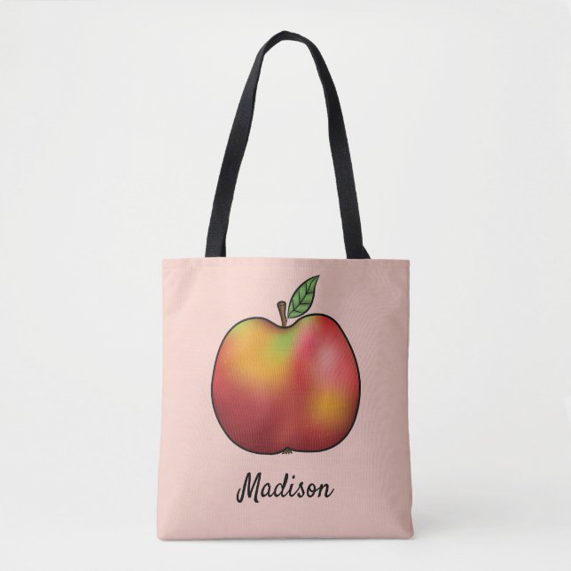 Red Cartoon Apple On Pink With Custom Name Tote Bag (Front)