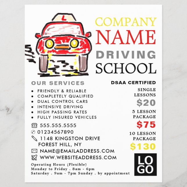 Red Cartoon Car, Driving School, Instructor Advert Flyer (Front)