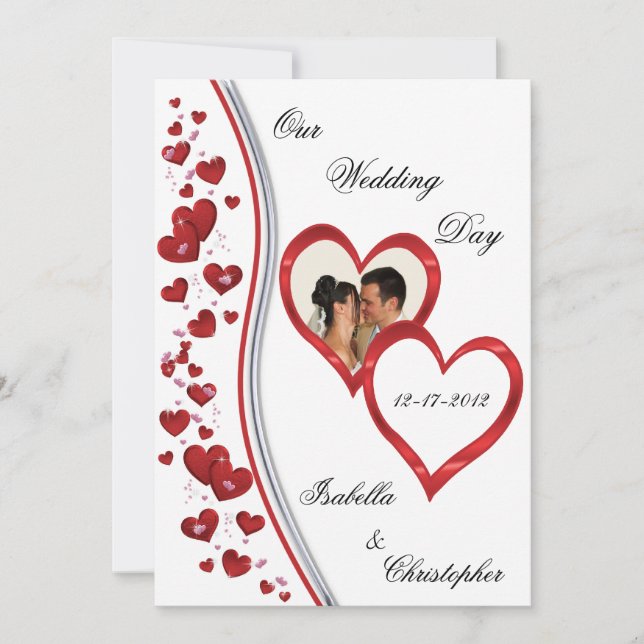 Red Cascading Hearts Wedding Photo Invitations (Front)