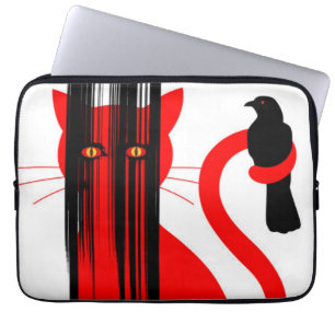 Red cat and a black bird illustration laptop sleeve