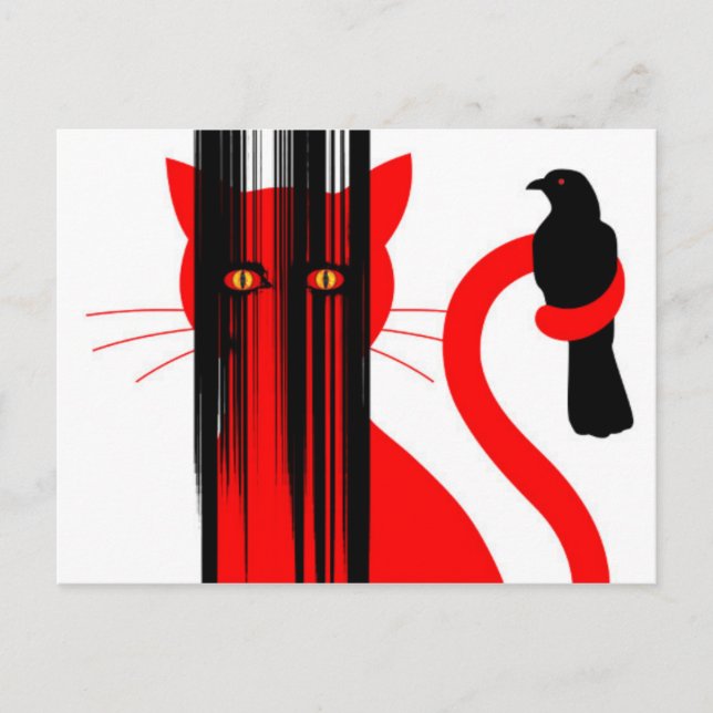 Red cat and black bird illustration postcard (Front)