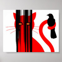 Red cat and black bird illustration