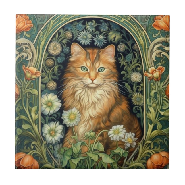 Red cat in the garden art nouveau  ceramic tile (Front)