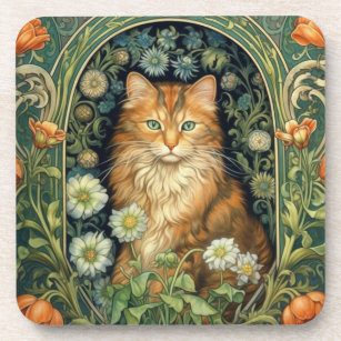 Red cat in the garden art nouveau coaster