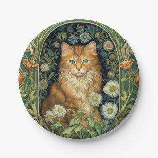 Red cat in the garden art nouveau  paper plate
