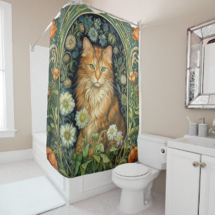Red cat in the garden art nouveau  shower curtain
