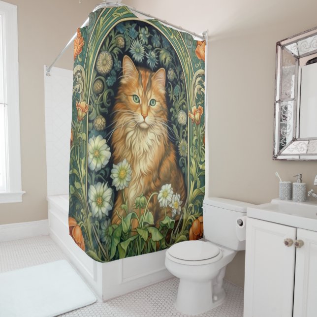 Red cat in the garden art nouveau  shower curtain (In Situ)