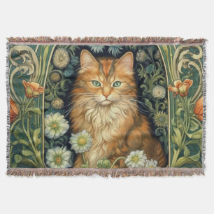 Red cat in the garden art nouveau throw blanket