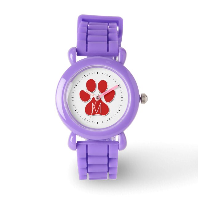 Red Cat Paw with White Monogram and Black Ticks Watch (Front)