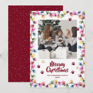 Red Cat Paws Christmas Lights Photo Meowy Holiday Card