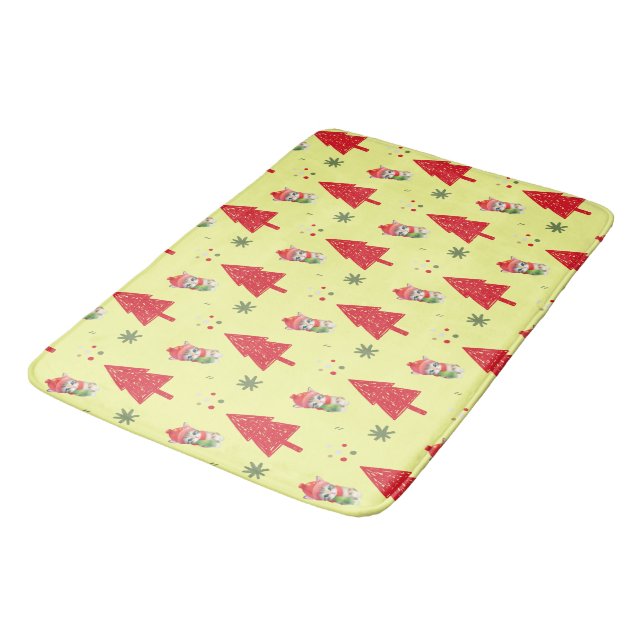 Red cat Santa Xmas tree Seamless pattern Bath Mat (Angled)