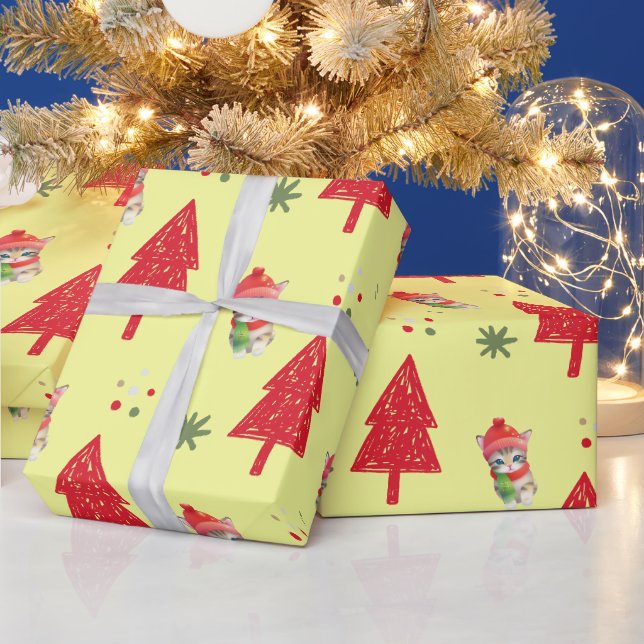 Red cat Santa Xmas tree Seamless pattern Wrapping Paper (Holidays)