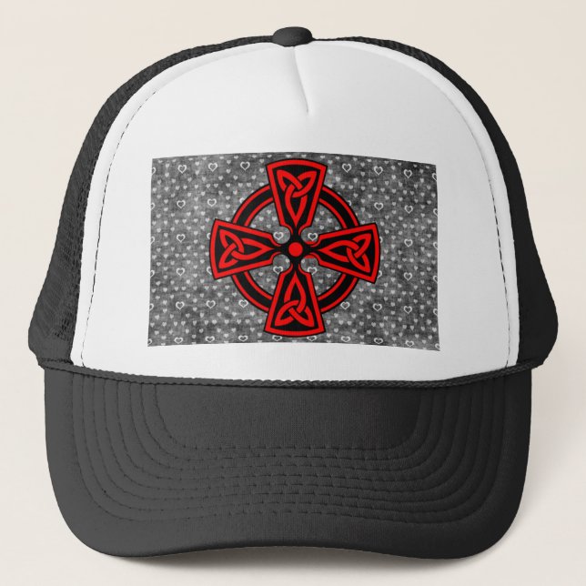 Red Celtic Cross Distressed Background Trucker Hat (Front)