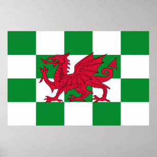 Red Celtic Dragon Flag Chequered Mystical Creature Poster