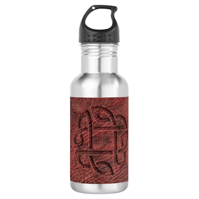 Red celtic knot embossed on leather 710 ml water bottle (Front)