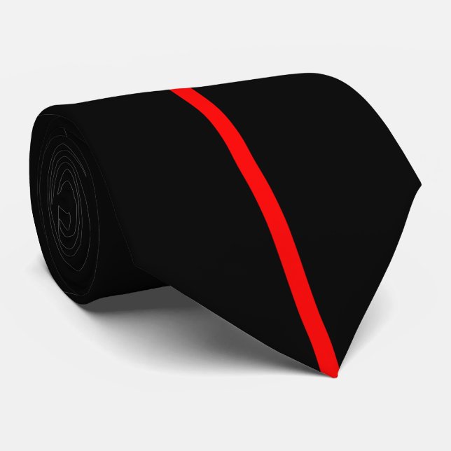 Red Centred Thin Vertical Line on Black Tie (Rolled)