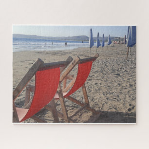 Red Chairs on Sandy Beach Jigsaw Puzzle