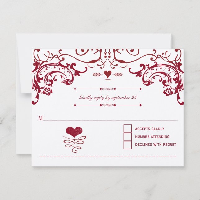 Red Chalkboard Cute Heart Initials Typography RSVP Card (Front)