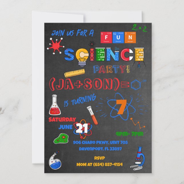 Red Chalkboard Science Invitation (Front)