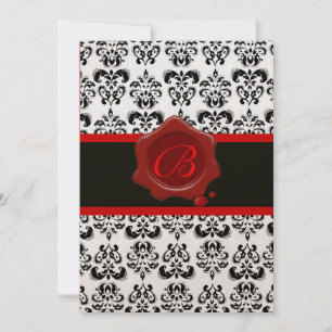 RED, CHAMPAGNE AND BLACK DAMASK ,WAX SEAL MONOGRAM INVITATION