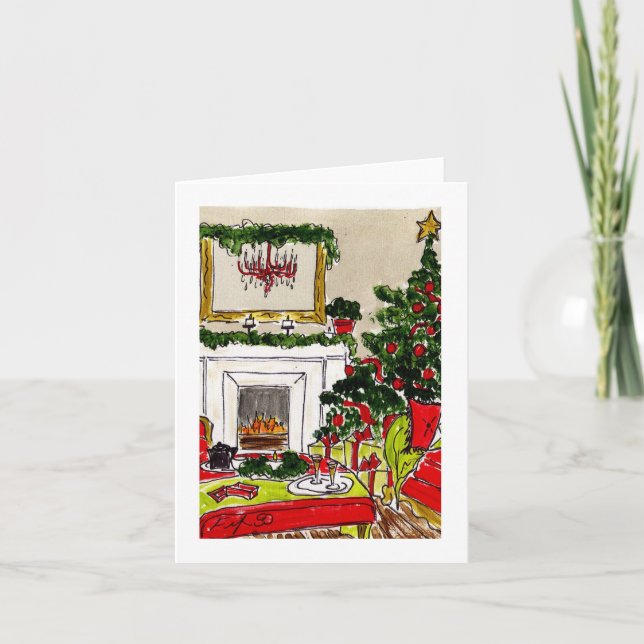 Red Chandelier Holiday Fireplace Card (Front)
