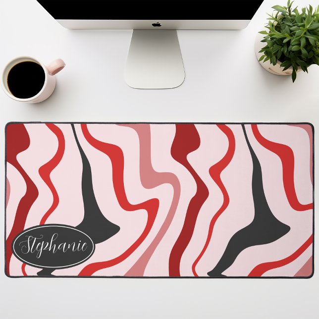 Red, Charcoal Grey, And Blush Retro Groovy Waves Desk Mat (Creator Uploaded)