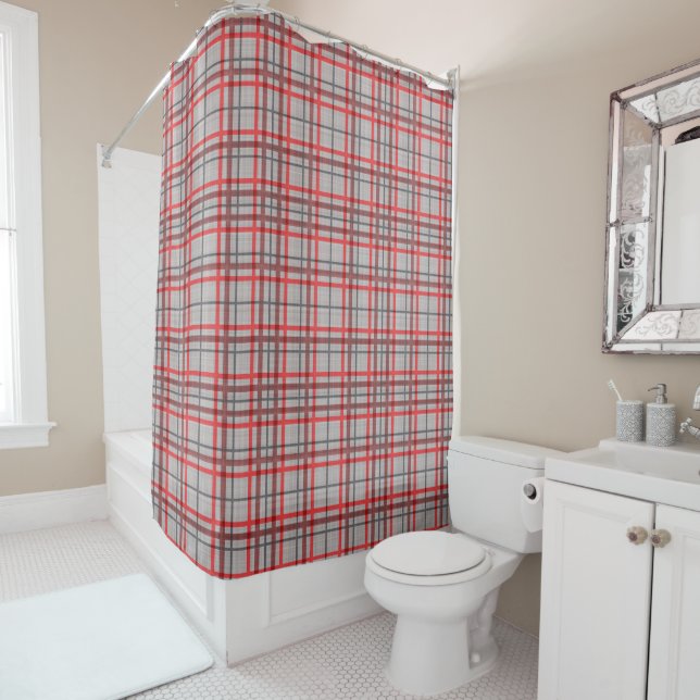 Red & Charcoal Plaid Stripes on Grey Madras Plaid Shower Curtain (In Situ)