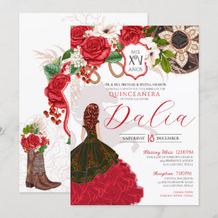 Red Charro Quinceañera Rose Floral Crest Western Invitation