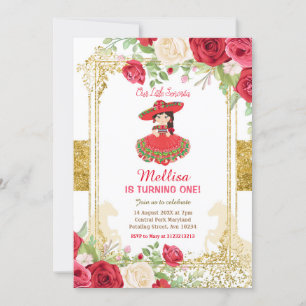 Red Charro Roses and Gold Mexican Birthday Invitation