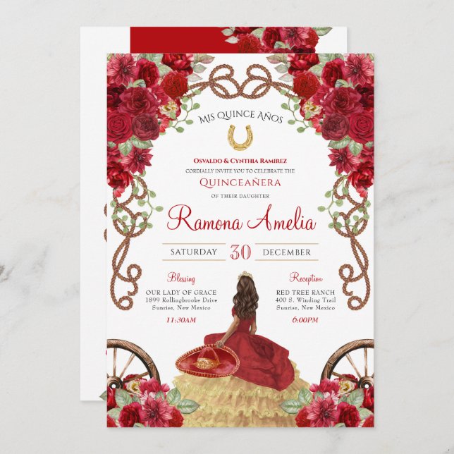 Red Charro Rustic Western Floral Quinceanera  Invitation (Front/Back)