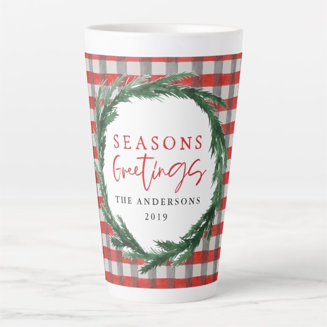 Red check and watercolour wreath Christmas Latte Mug (Front)
