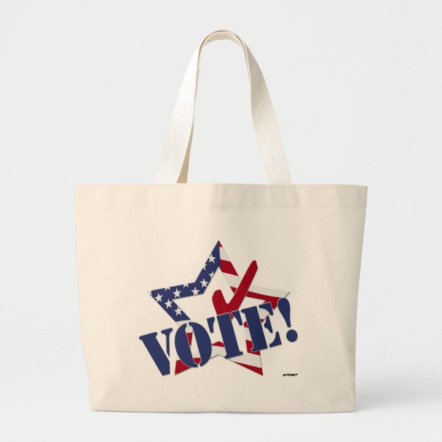 Red Check Blue VOTE with US Flag Star Large Tote Bag (Front)