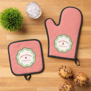 Red Check Gingham Merry Christmas Personalised Oven Mitt & Pot Holder Set