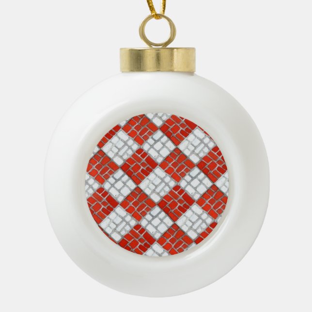 RED CHECK MOSAIC Ceramic Ball Ornament (Front)