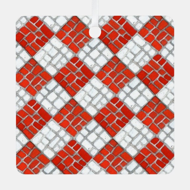RED CHECK MOSAIC Metal Square Ornament (Front)