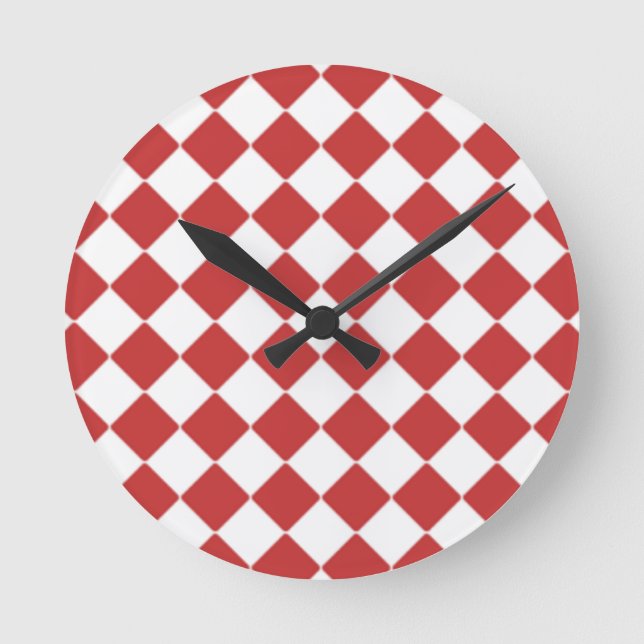 Red check mosaic tiles square pattern round clock (Front)