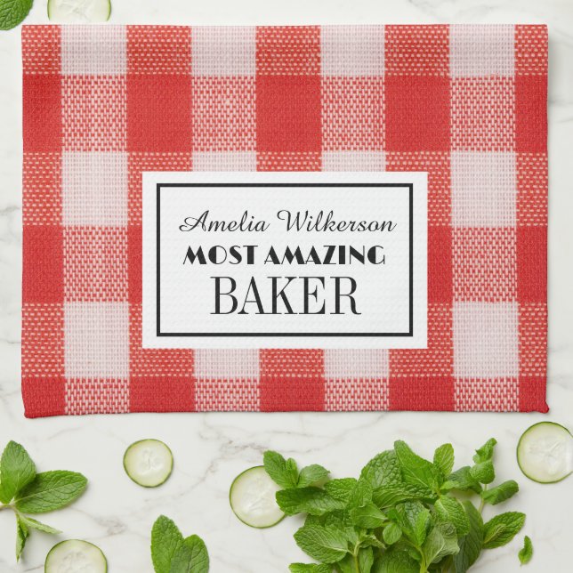 Red check name of baker Kitchen Towels (Folded)
