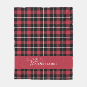 red check tartan script personalised family fleece blanket