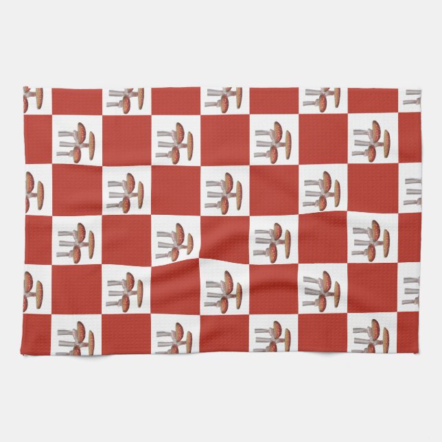 Red check with mushroom tea towel (Horizontal)