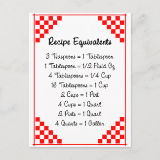 Red Checked Ruled Recipe Card Kitchen Equivalents