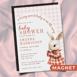 Red Checkered Garden Berry Sweet Bunny Baby Shower Magnetic Invitation