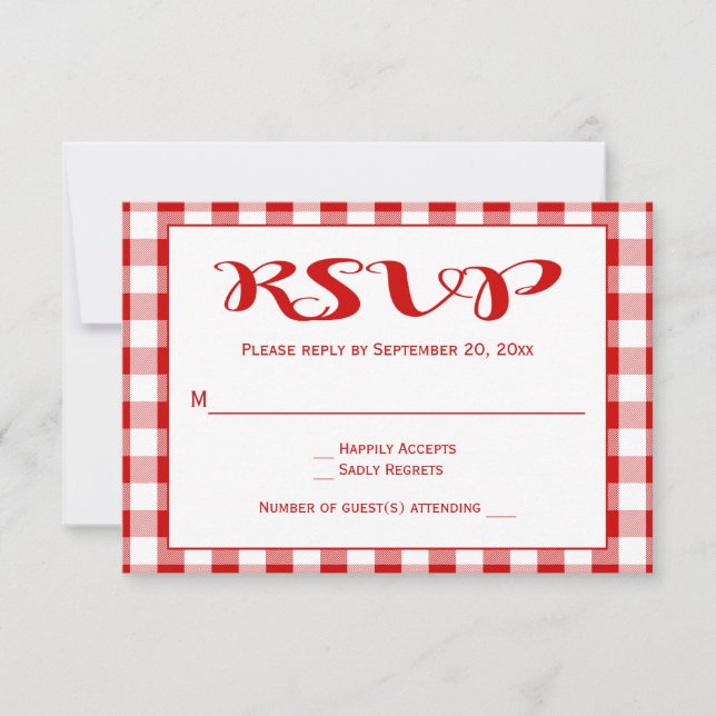 Red Checks RSVP Wedding, Party Gingham Plaid Card (Front)