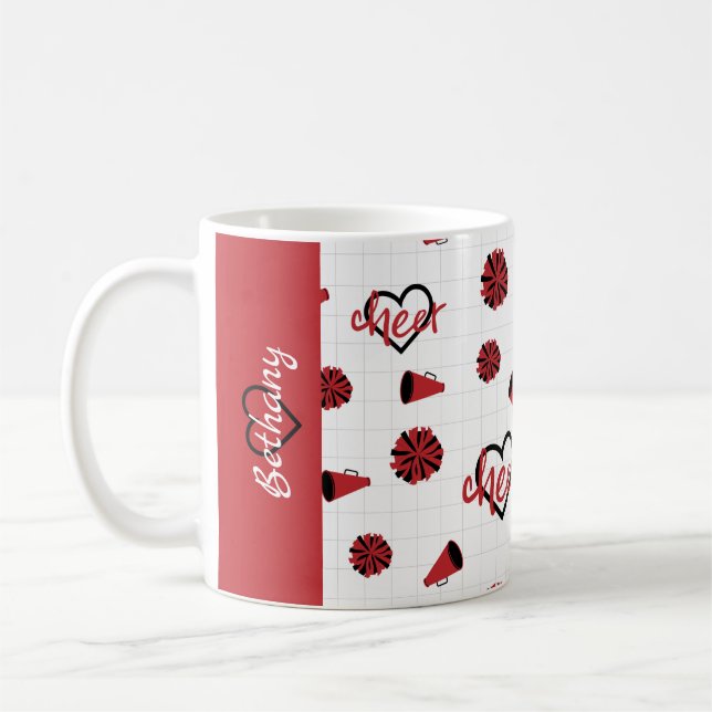Red Cheer Hearts, Pom Poms, Megaphone Pattern Coffee Mug (Left)