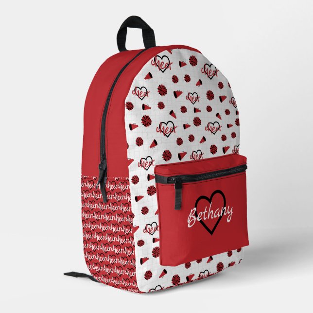 Red Cheer Hearts, Pom Poms, Megaphone Pattern Printed Backpack (Back Corner Left)