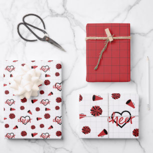 Red Cheer Hearts, Pom Poms, Megaphone Pattern Wrapping Paper Sheet